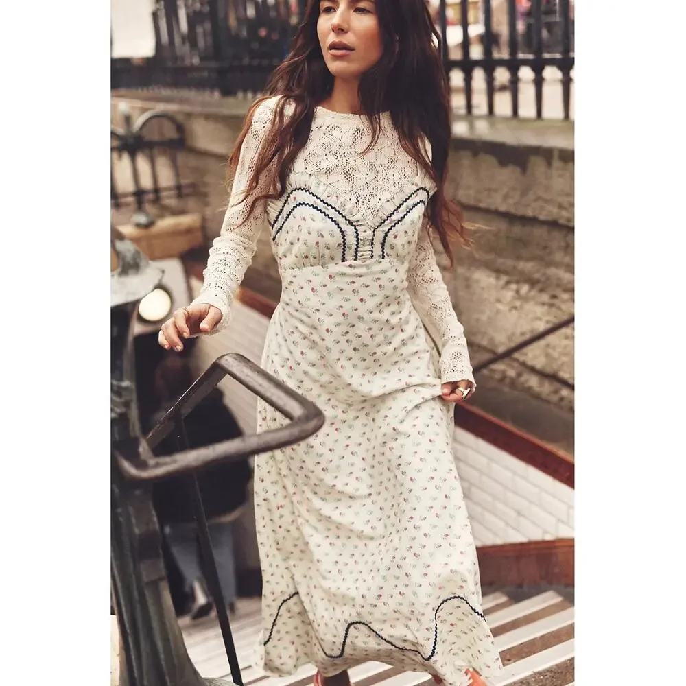 Free People Dainty Western Prairie Sweet Hearts Midi Dress in Ivory Combo Medium
